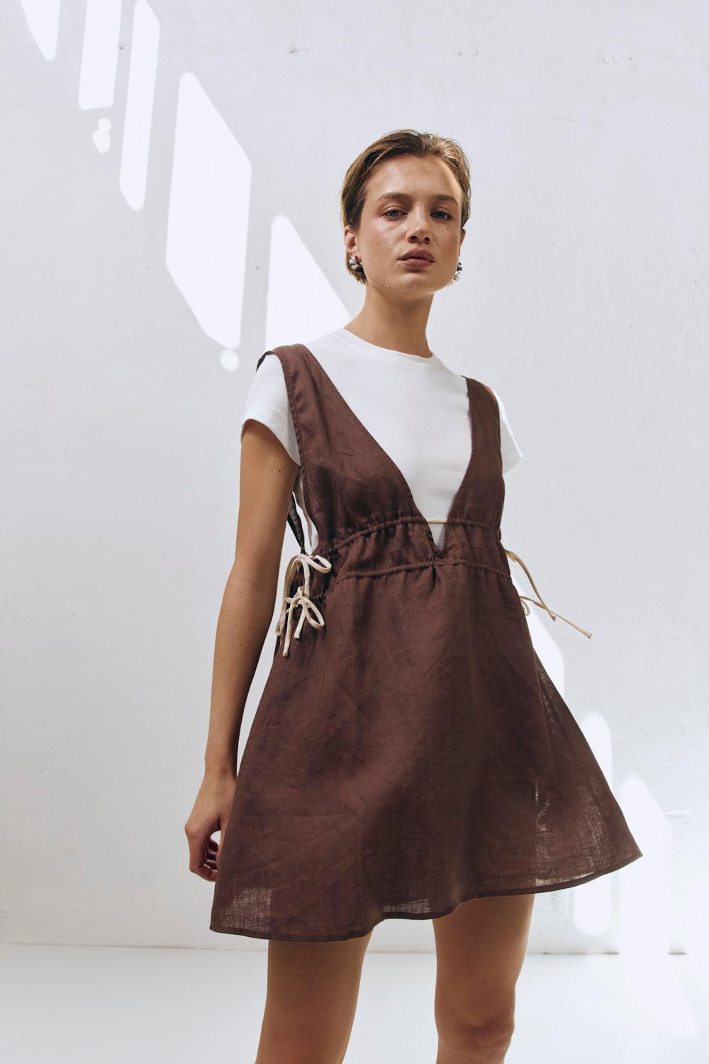 Paros Palms Linen Mini Dress Chocolate Product Image