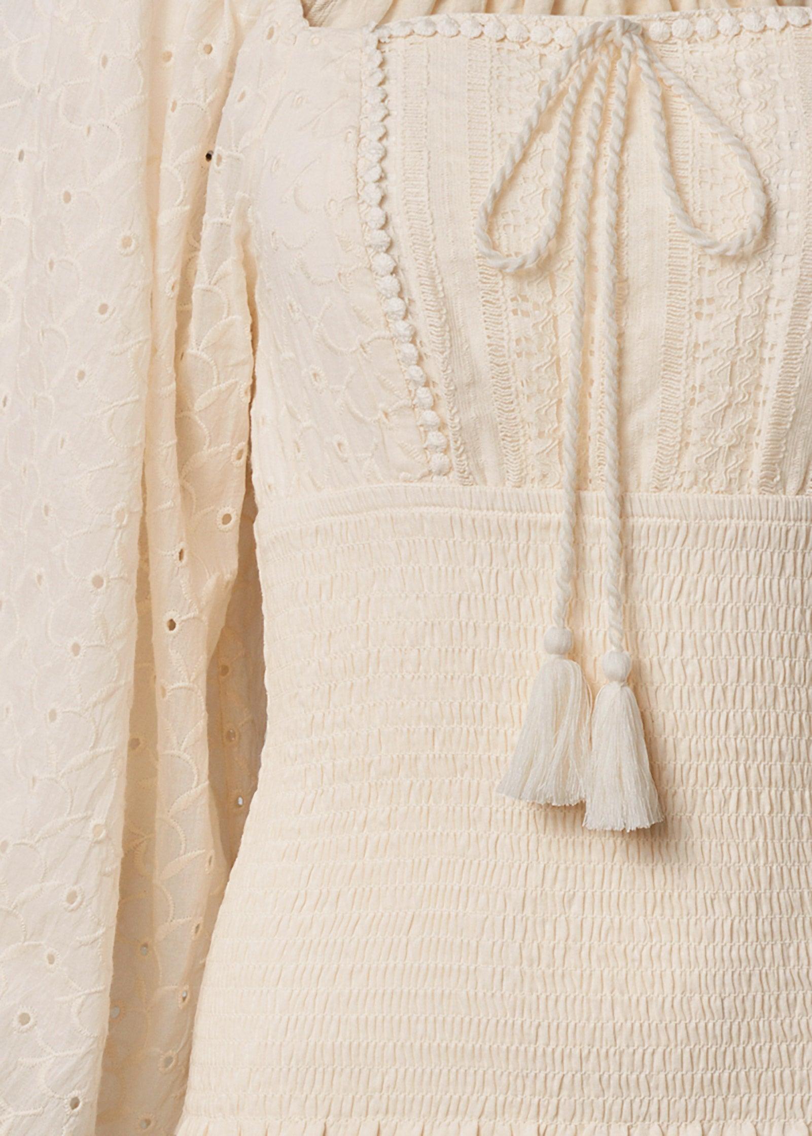 Smocked Eyelet Tassel Top - Beige Product Image