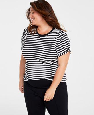 On 34th Trendy Plus Size Striped Knot-Detail Puffed-Sleeve Top, Created for Macy's Product Image