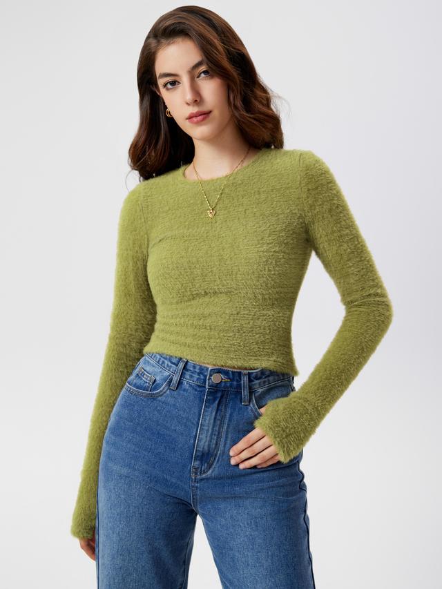 Fuzzy Round Neckline Solid Long Sleeve Top Product Image