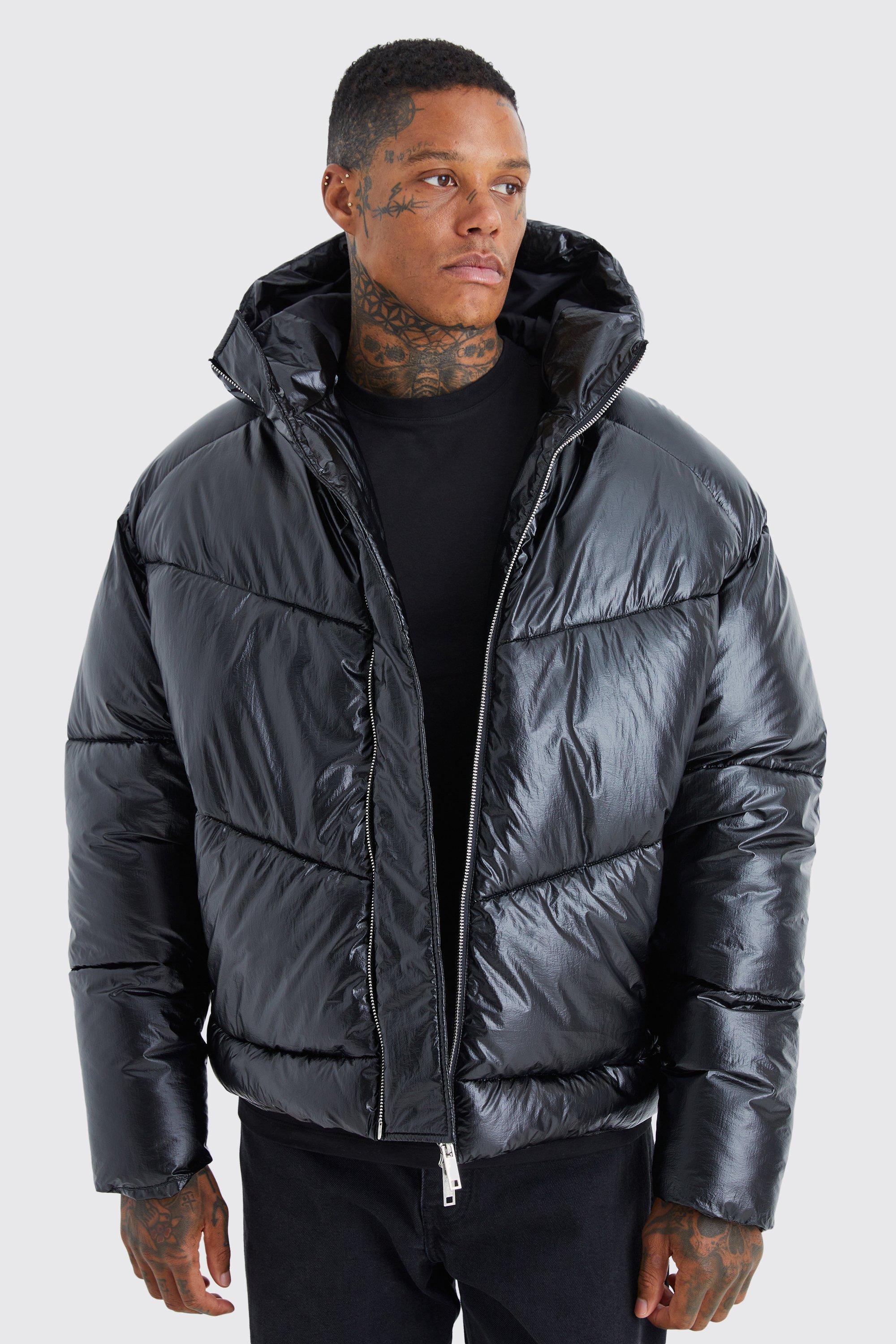 Mens Black High Shine Hooded Puffer, Black Product Image