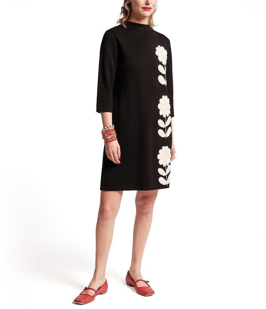 FRANCES VALENTINE Annie Floral Merino Wool Blend High Neck 3/4 Sleeve Shift Dress Product Image