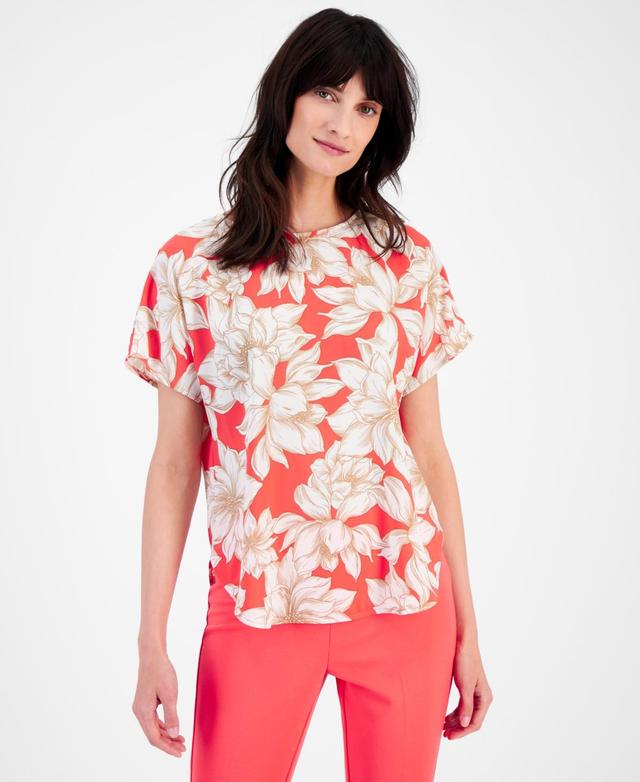 Anne Klein Womens Floral-Print Short-Sleeve Blouse - RED PEAR Product Image