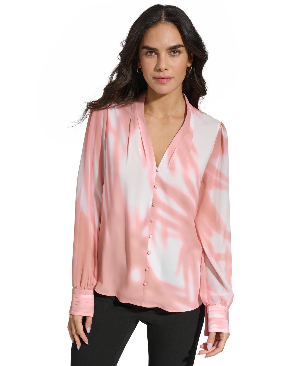 Calvin Klein Womens Long-Sleeve Printed V-Neck Blouse Product Image