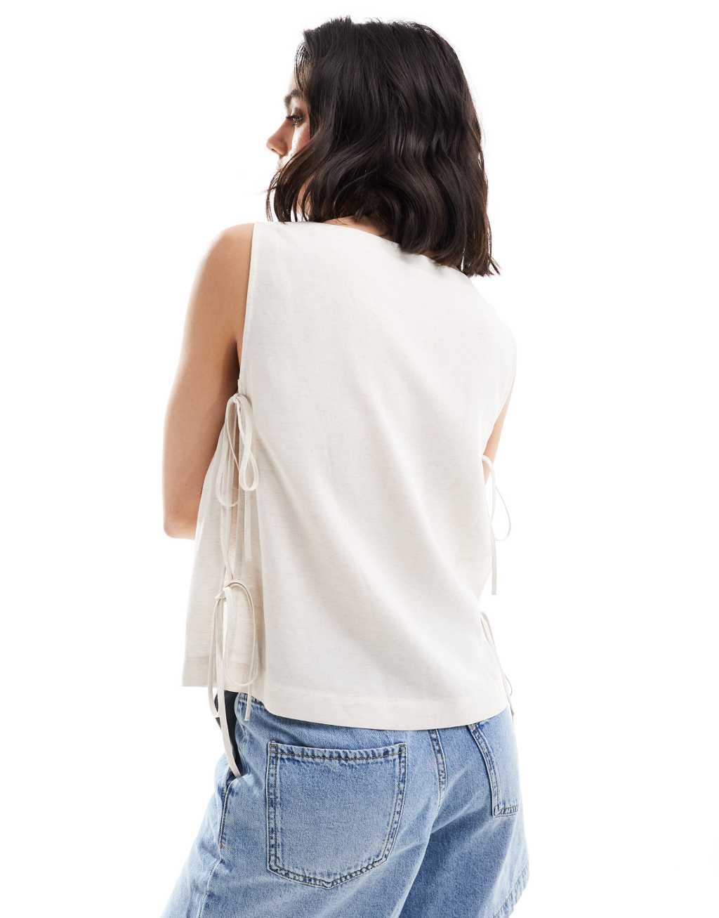 ASOS DESIGN linen sleeveless top with tie side details in natural Product Image