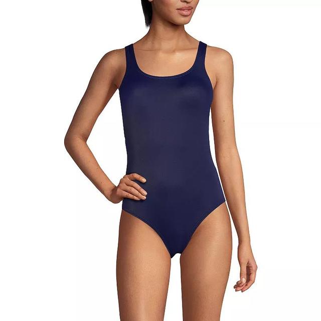 Petite Lands End Sporty High Leg Tugless One-Piece Scoopneck Swimsuit, Womens Product Image