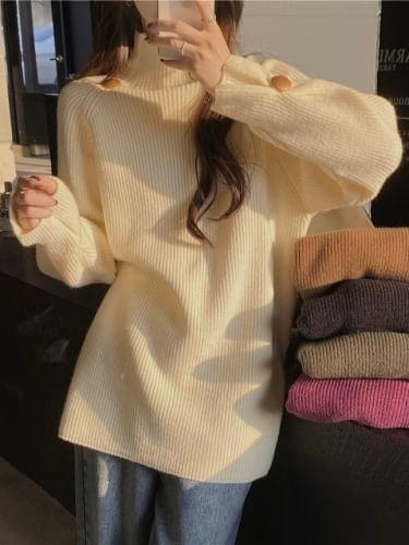 Long-Sleeve High Neck Plain Ribbed Sweater Product Image