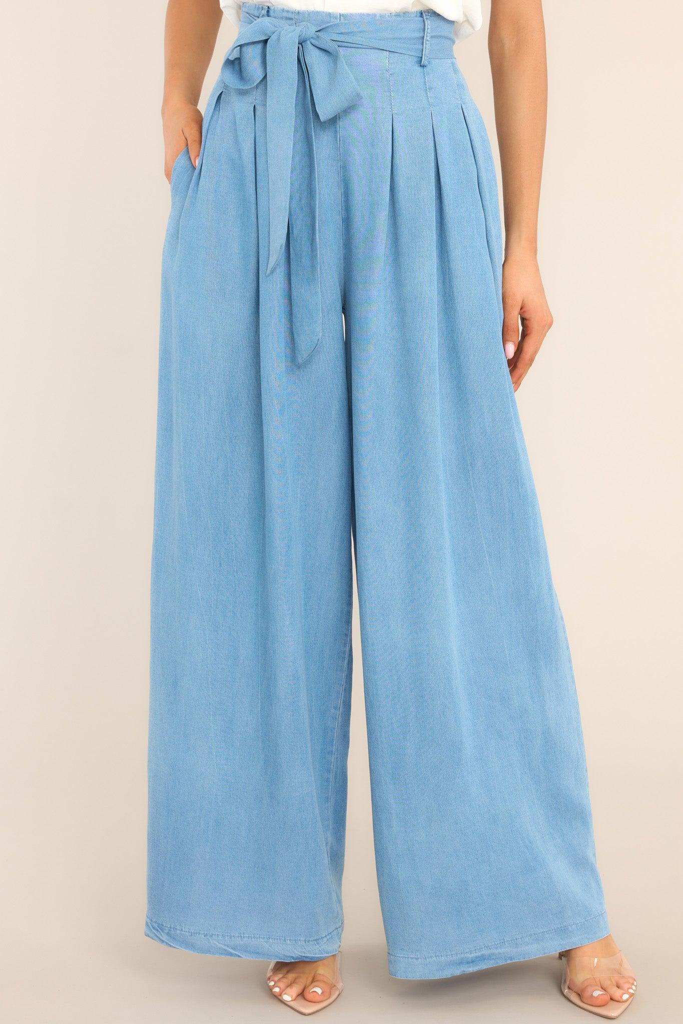 Coastal Couture Chambray Wide Leg Pants Blue Product Image