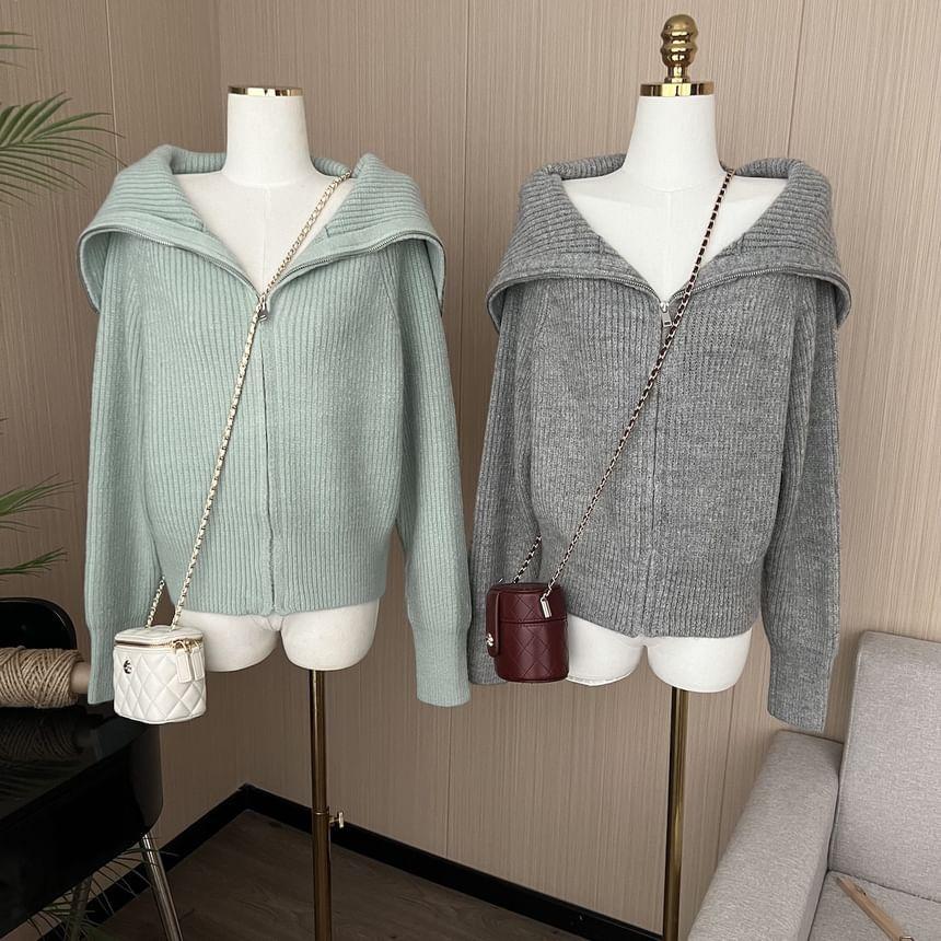 Plain Shawl Collar Ribbed Zip Cardigan Product Image