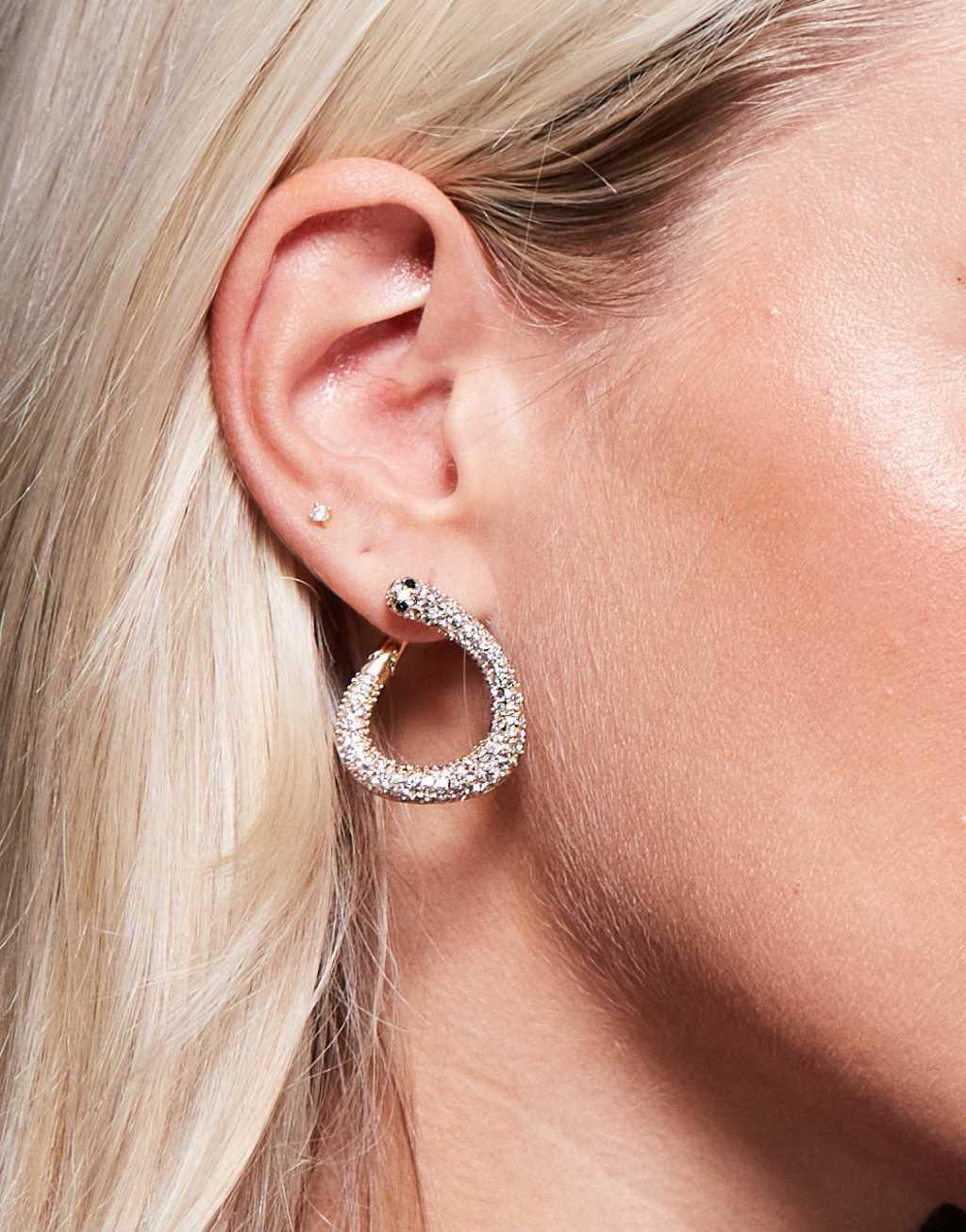 ASOS DESIGN hoop earrings with snake crystal detail in gold tone Product Image