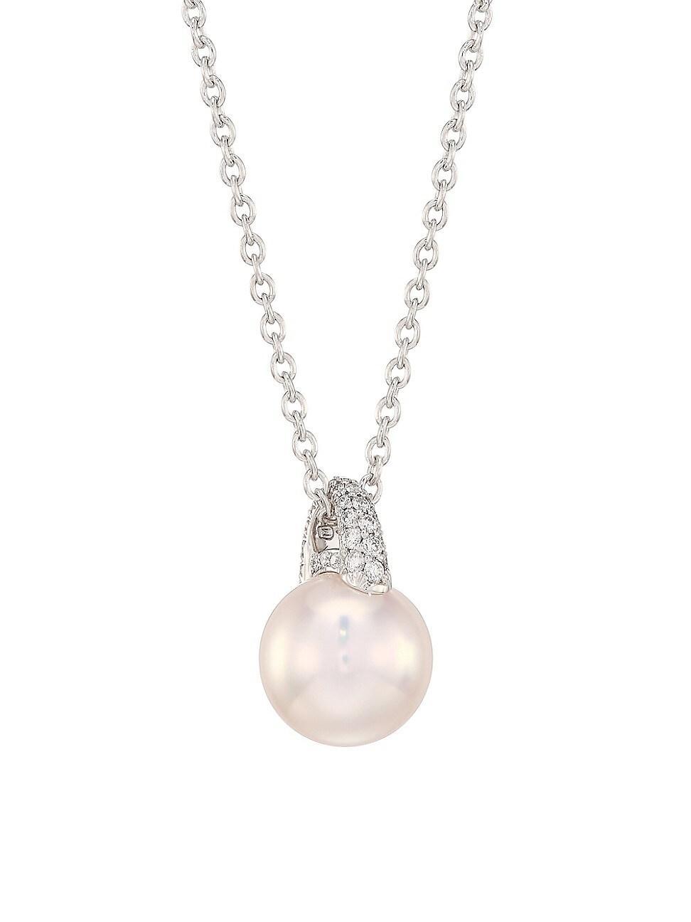 Womens 18K White Gold, 8.5MM Cultured Akoya Pearl & Diamond Necklace Product Image