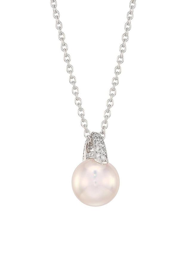 Womens 18K White Gold, 8.5MM Cultured Akoya Pearl & Diamond Necklace Product Image