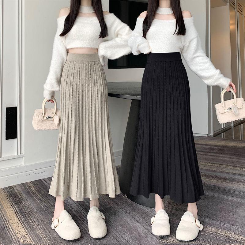 High Waist Plain Cable Knit Maxi Fishtail Skirt Product Image