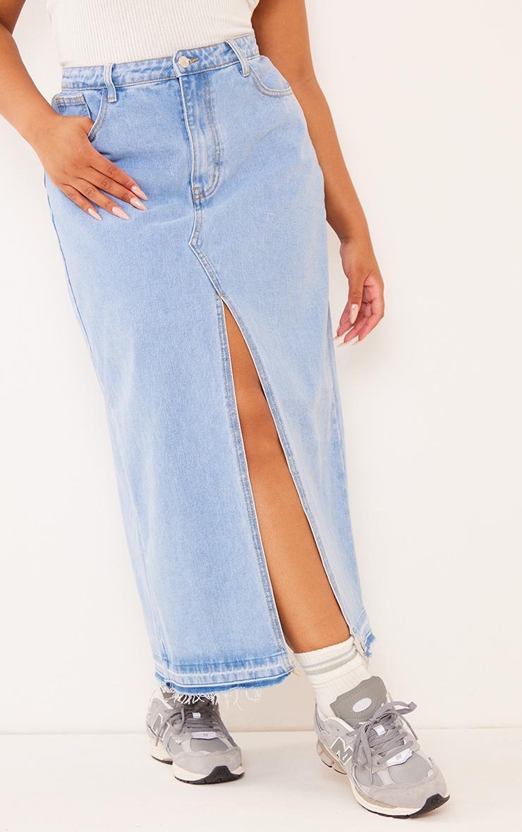 Plus Light Blue Wash Split Front Denim Maxi Skirt Product Image