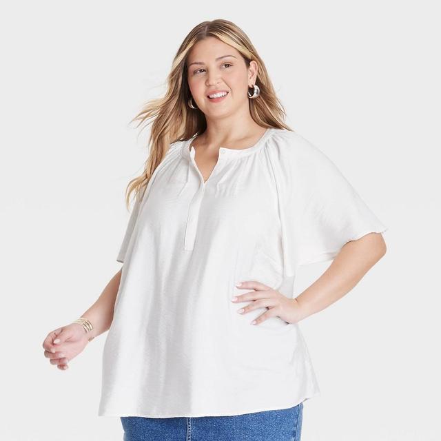 Womens Flutter Elbow Sleeve Blouse - Ava & Viv White 4X Product Image