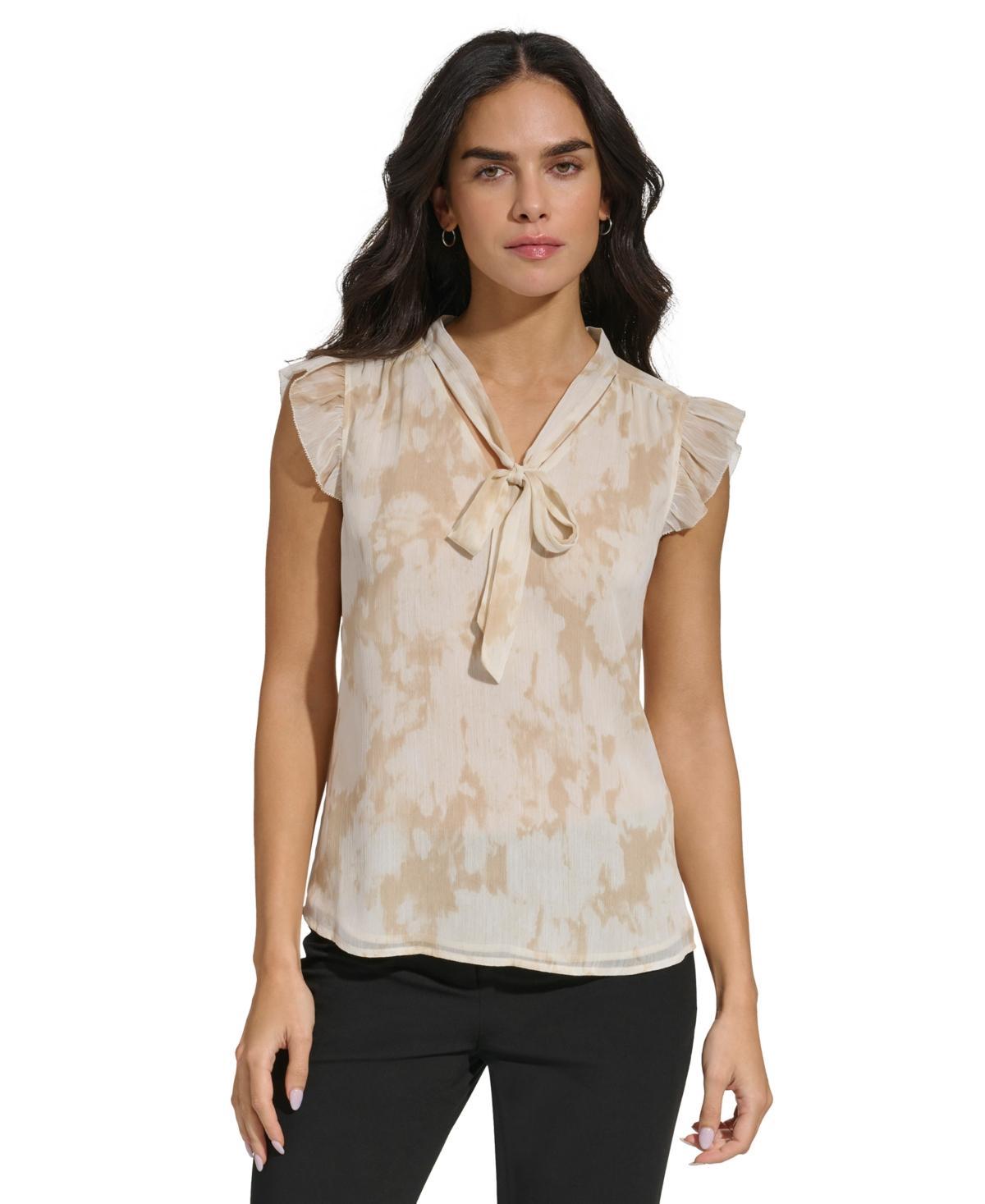 Calvin Klein Womens Printed Cap-Sleeve Tie-Neck Top - Stony Beige Product Image