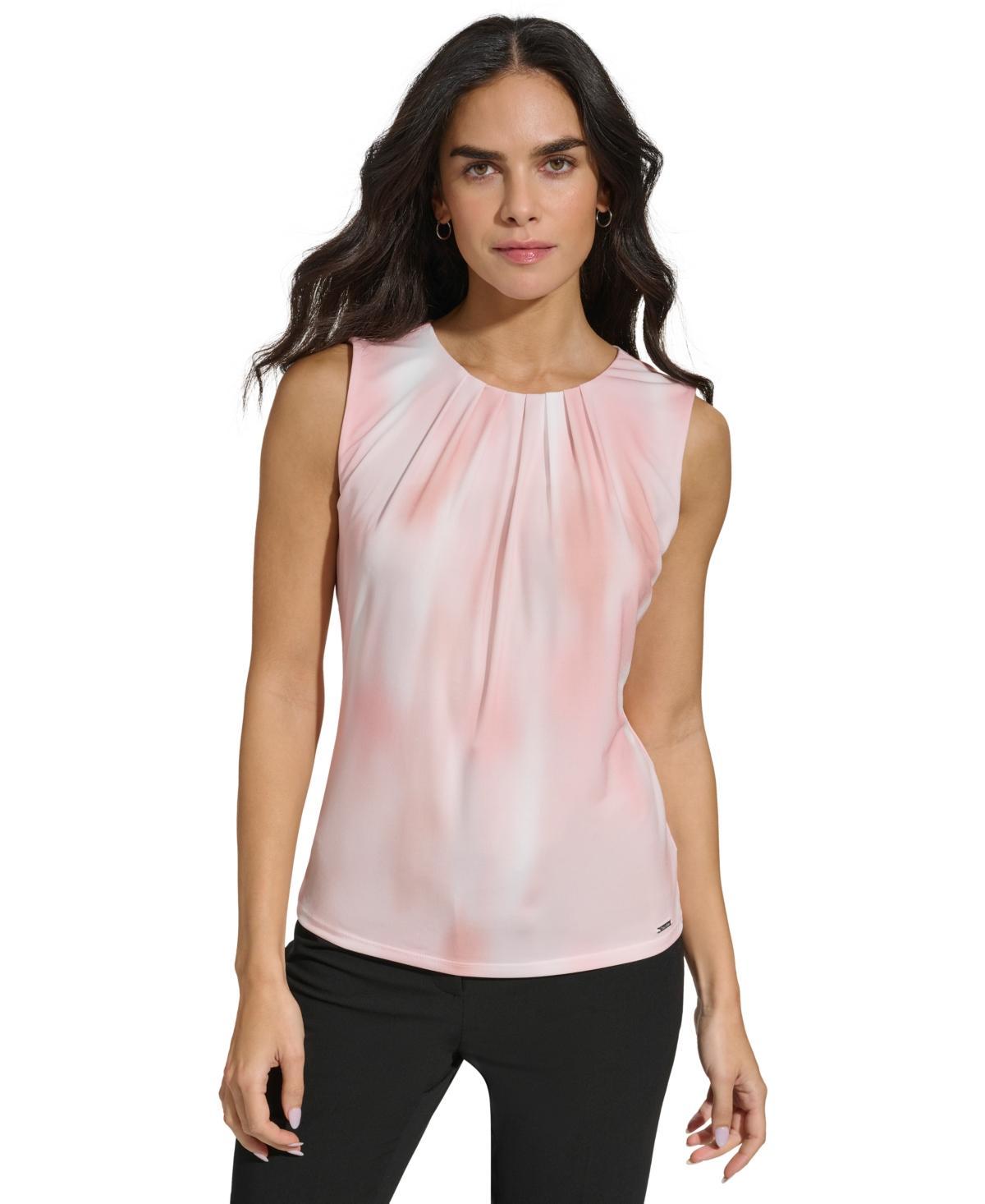 Calvin Klein Womens Printed Pleat-Neck Sleeveless Top Product Image