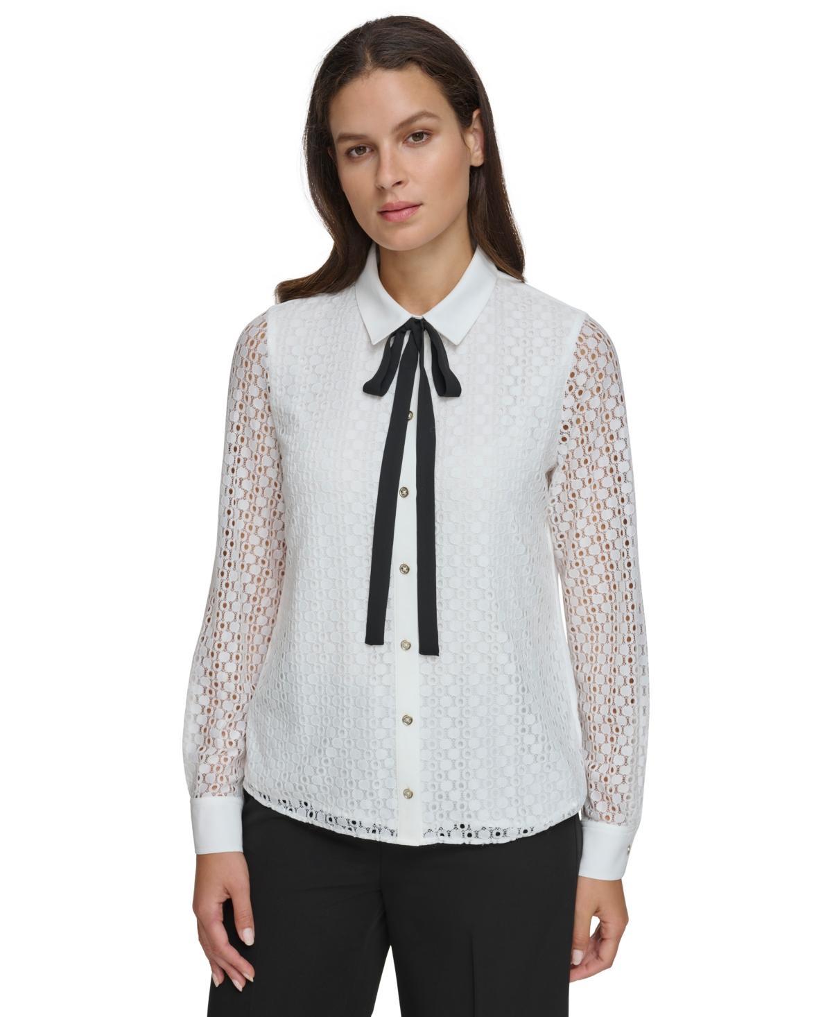 Tommy Hilfiger Womens Bow-Tied Eyelet Blouse - Ivory Product Image