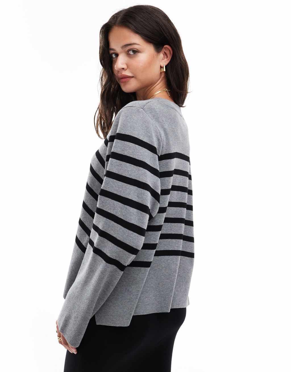 Object button through knit cardigan in gray with black stripe Product Image