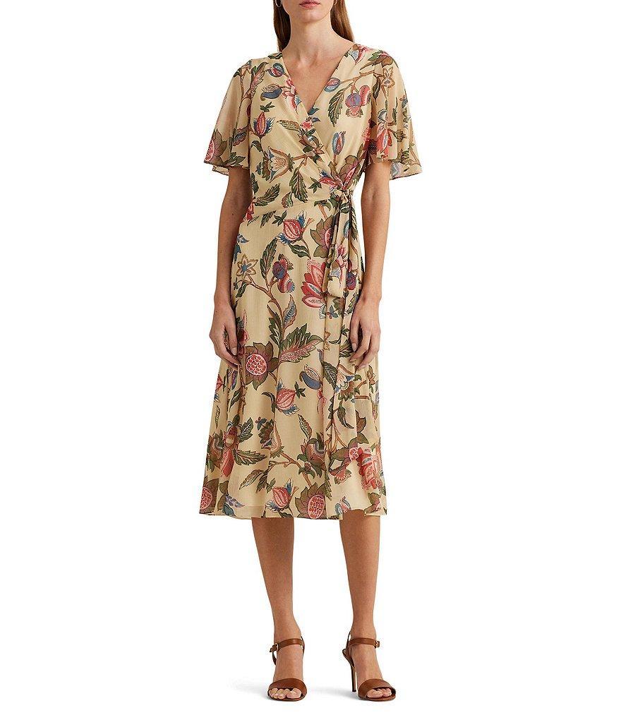 Lauren Ralph Lauren Floral Georgette Surplice V-Neck Flutter Sleeve Belted Fit and Flare Midi Dress Product Image