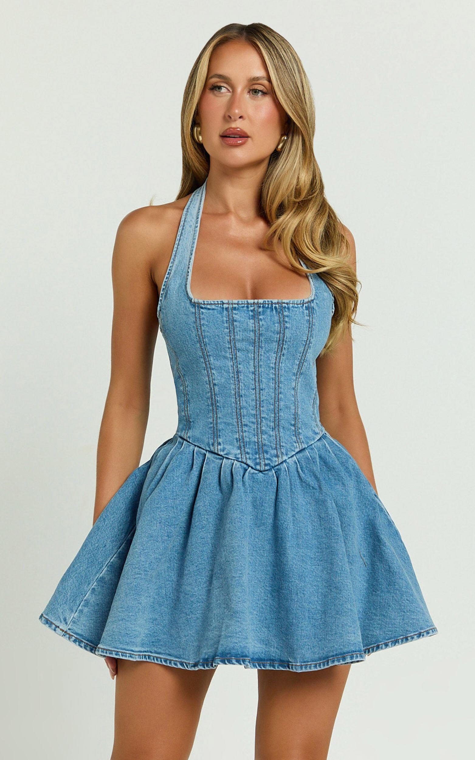 Hayes Mini Dress - Halter Neck Corset Bodice Dress in Mid Blue Wash Product Image