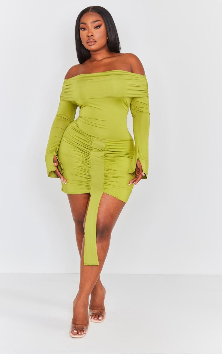 Plus Olive Slinky Drape Detail Bardot Bodycon Dress Product Image