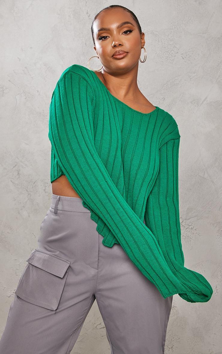 Plus Bright Green Chunky Knit Long Sleeve Dip Hem Crop Top Product Image