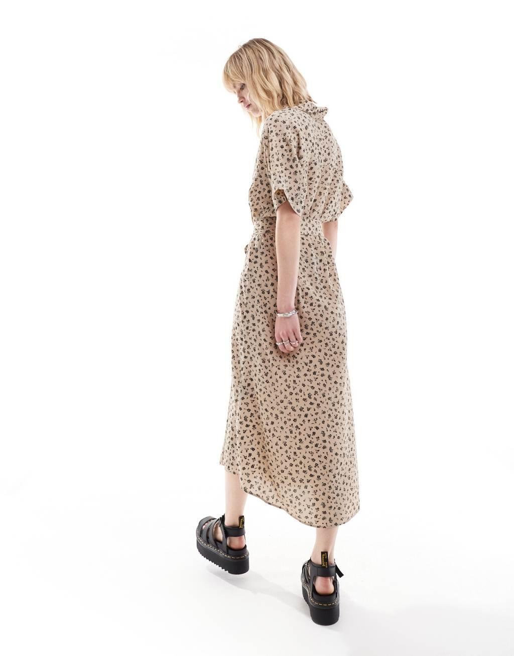 Monki midaxi belted shirt dress in light brown ditsy print  Product Image