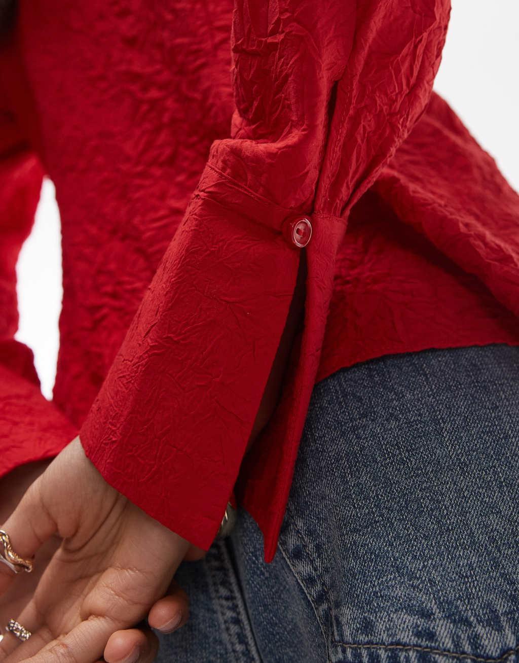 Topshop tie front crinkle top in red Product Image