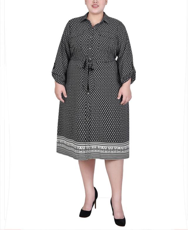 NY Collection Womens Plus Size 3/4 Roll Tab Sleeve Belted Shirtdress -BLACK BORD Product Image