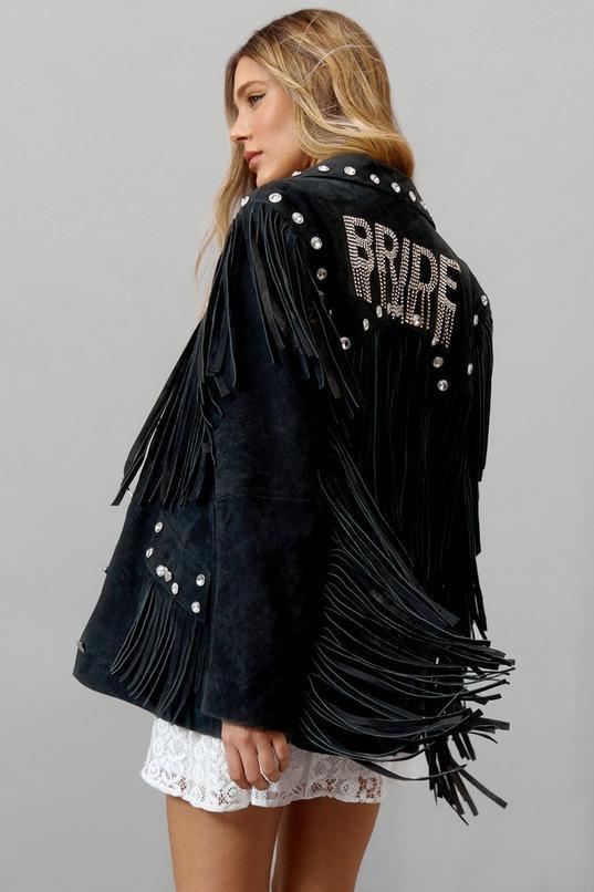 Real Suede Bridal Embellished Fringe Jacket Product Image