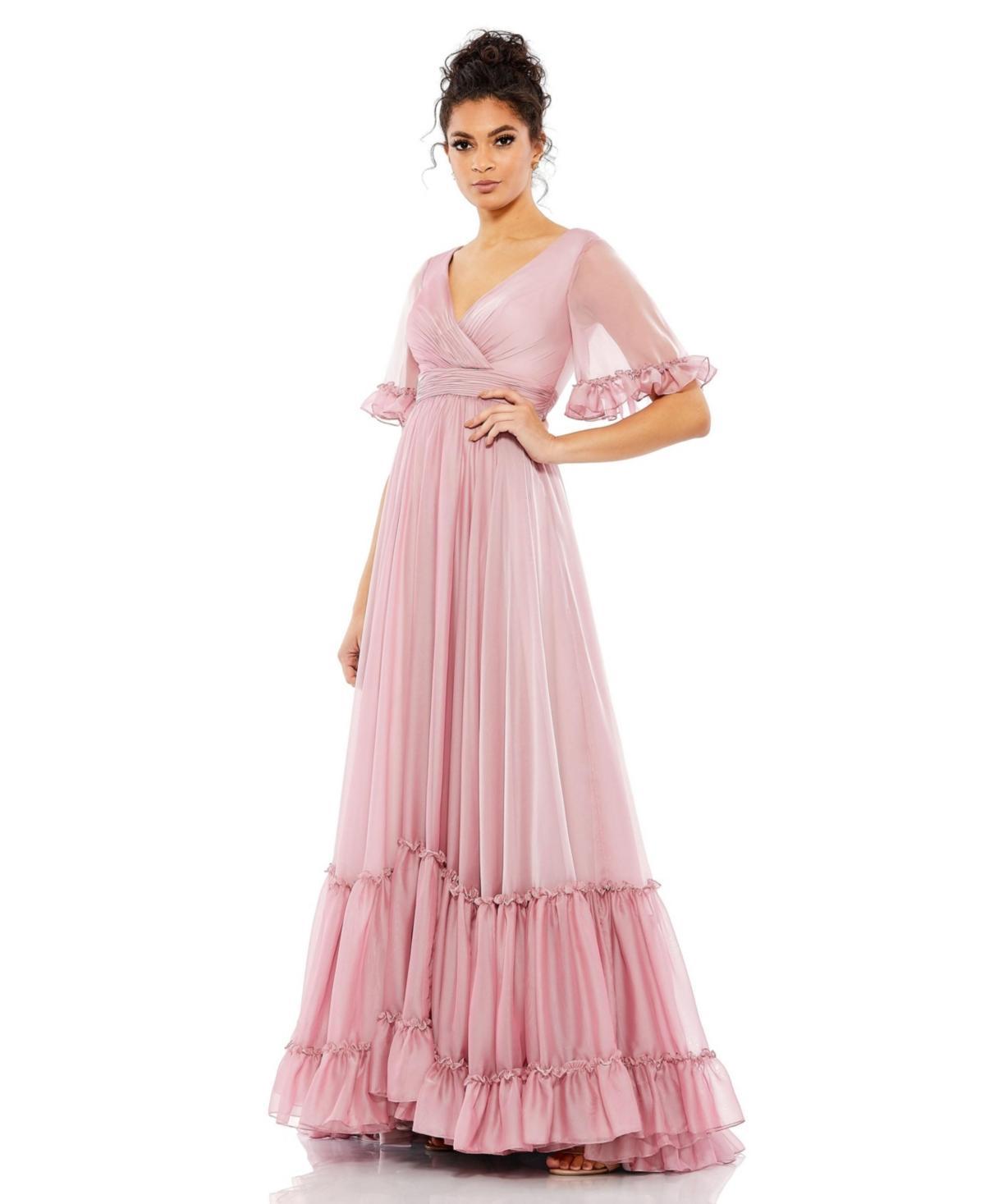 Mac Duggal Womens Butterfly Ruffle Trimmed Sleeve Wrap Over Flowy Gown Product Image