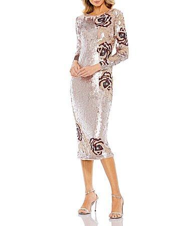 Mac Duggal Beaded Rose Long Sleeve Sequin Midi Dress Product Image