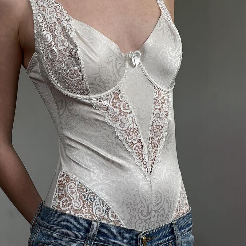 Sleeveless V-Neck Lace Bodysuit Top Product Image