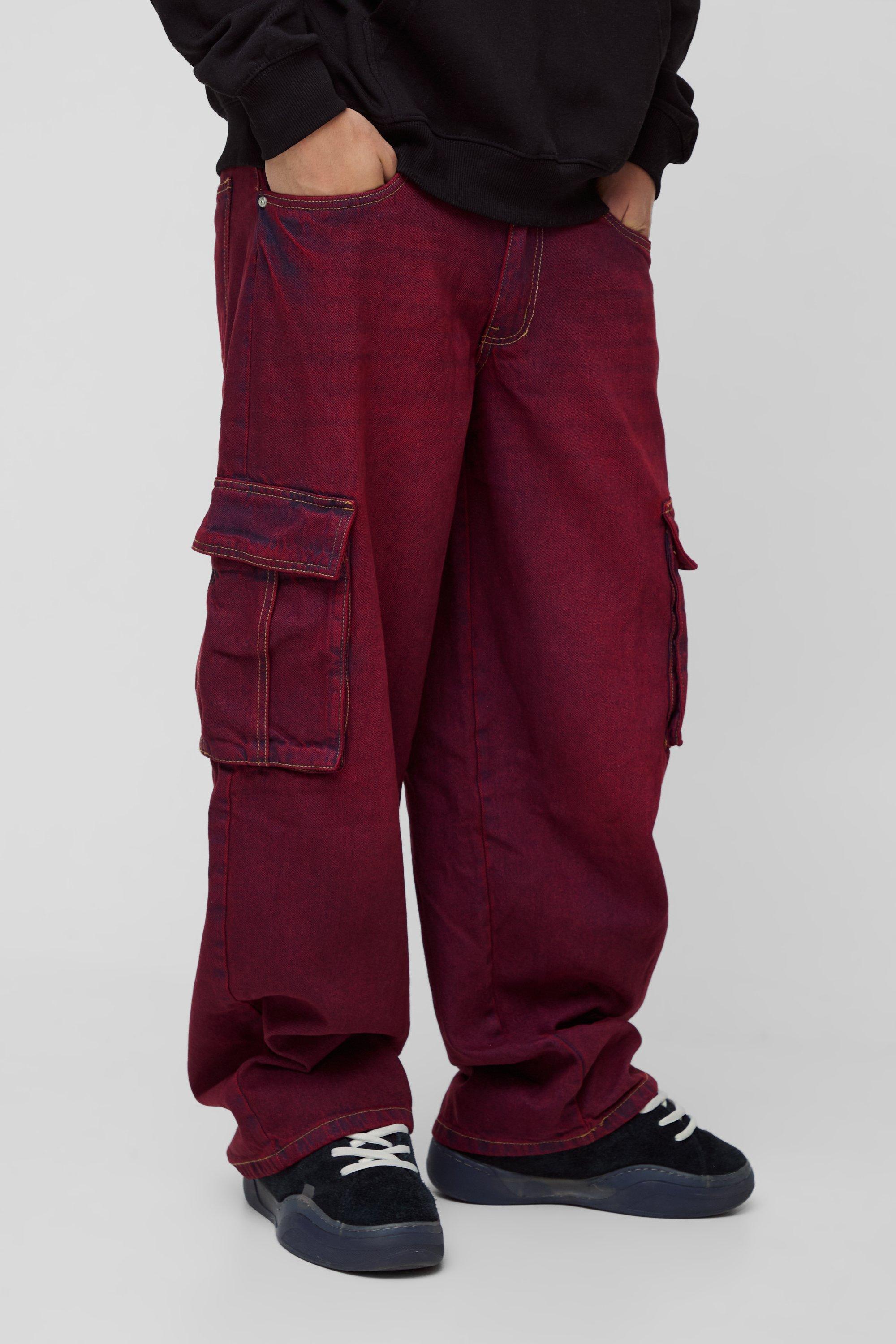 Baggy Rigid Red Tinted Cargo Jeans | boohooMAN USA Product Image