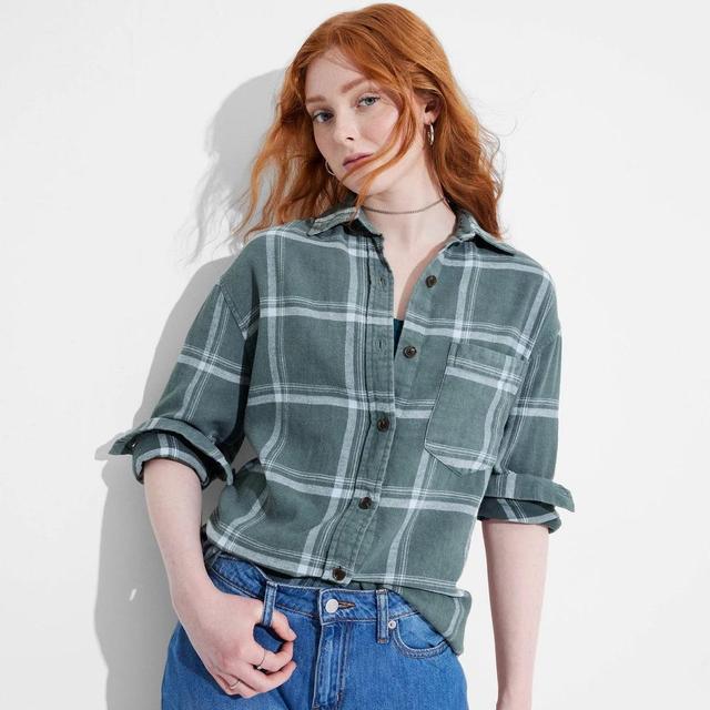 Women's Long Sleeve Oversized Flannel Button-Down Shirt - Wild Fable™ Dark Green Plaid M Product Image