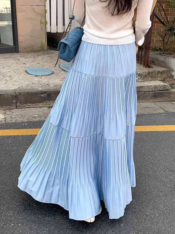 A-Line High Waisted Pleated Solid Color Split-Joint Skirts Bottoms Product Image