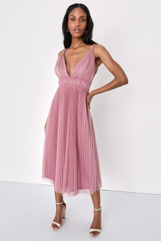 Sweet Goddess Mauve Mesh Pleated Sleeveless Midi Dress Product Image