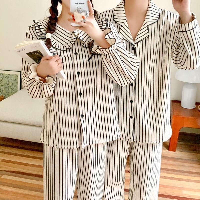 Couple Matching Pajama Set: Long-Sleeve Striped Button-Up Top + Pants (Various Designs) Product Image