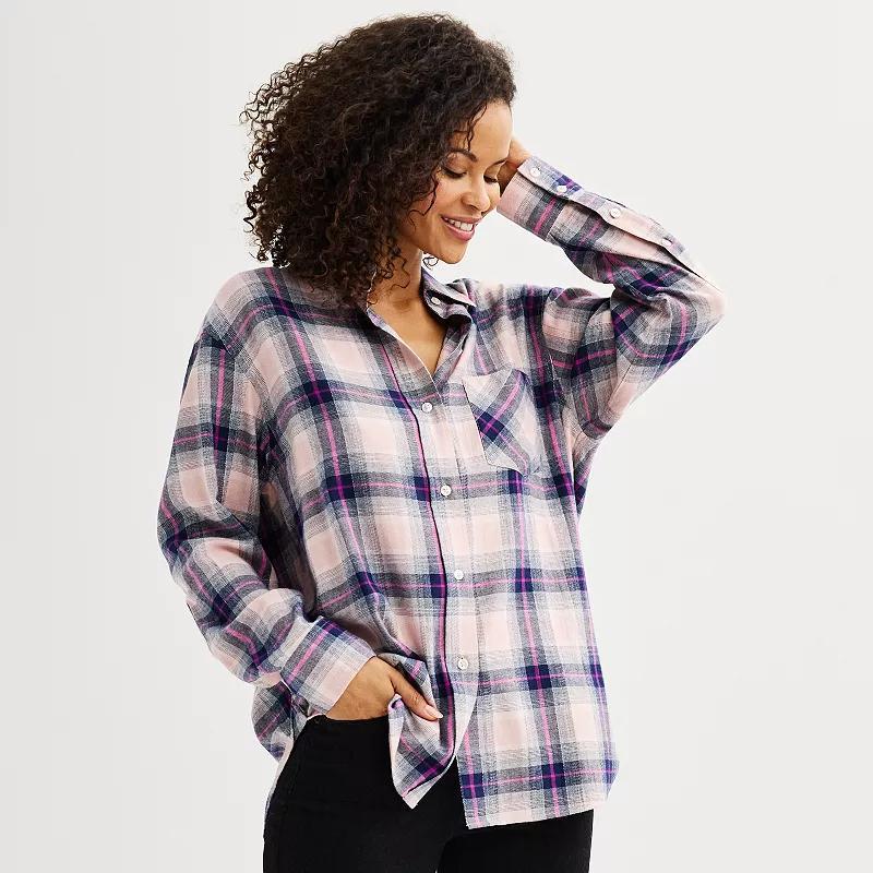 Womens Sonoma Goods For Life Oversized Boyfriend Flannel Pink Blue Plaid Product Image