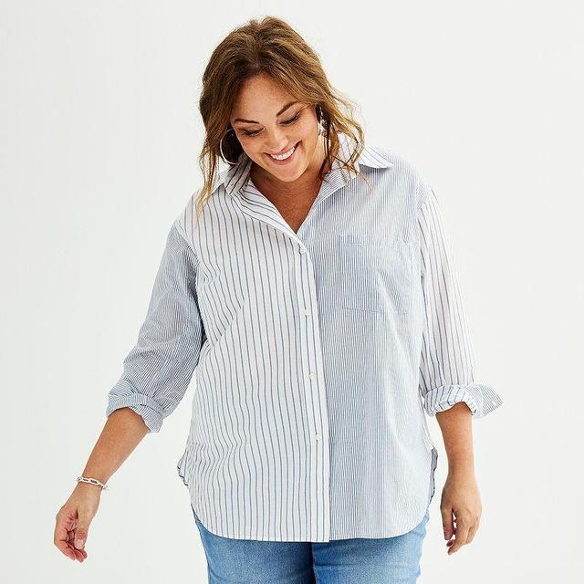 Plus Size Sonoma Goods For Life Oversized Boyfriend Shirt, Womens Blue Mixed Stripe Product Image