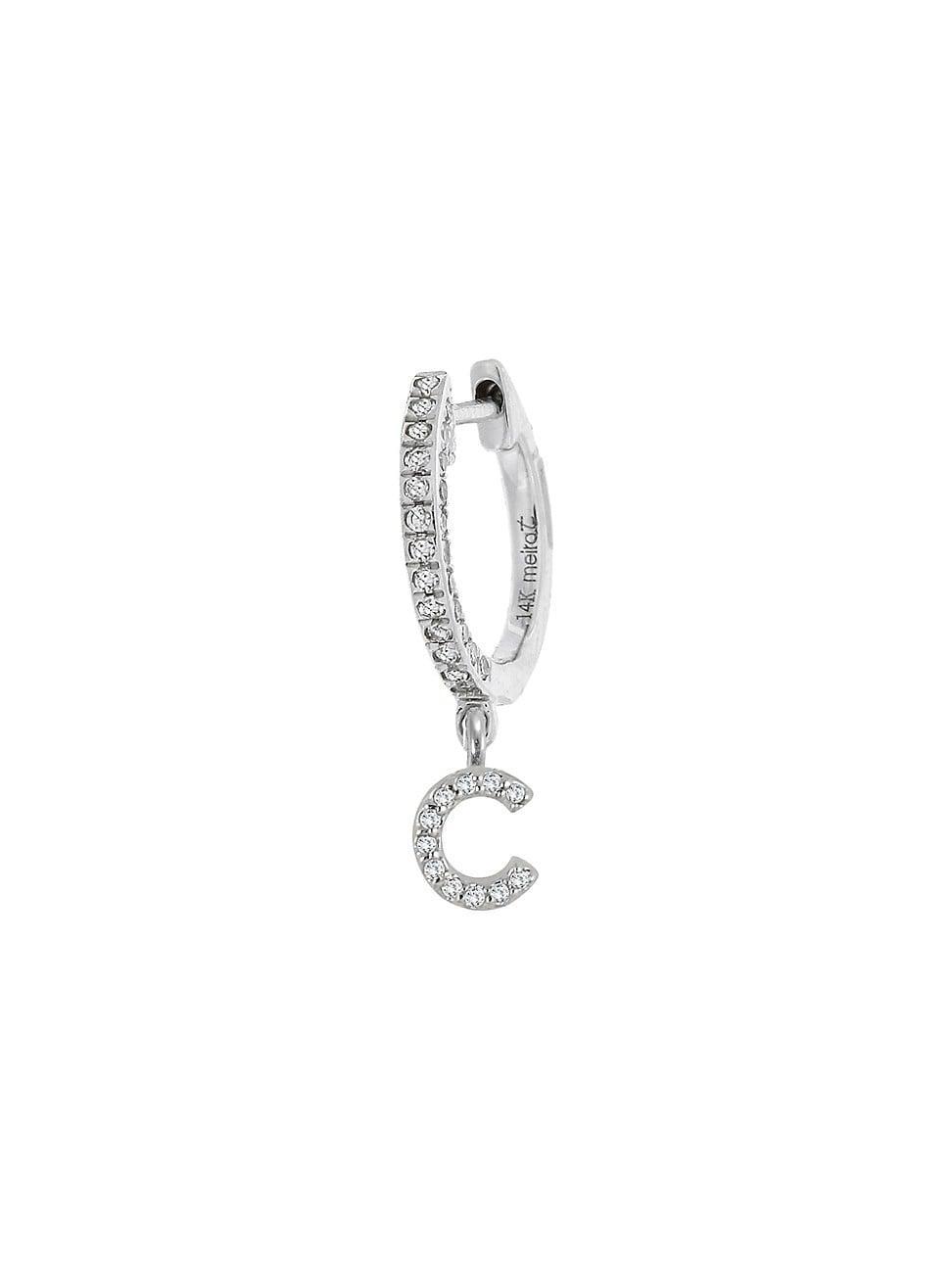 Womens 14K White Gold Diamond Intial Single Huggie Hoop Earring Product Image