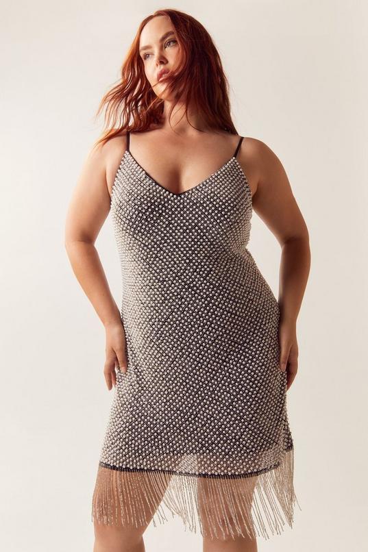 Plus Size Beaded Fringe Trim Mini Dress Product Image