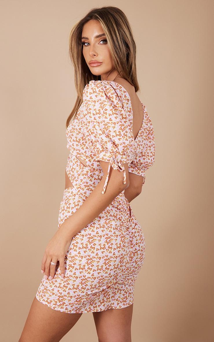 Orange Floral Print Chiffon Ring Detail Cut Out Bodycon Dress Product Image