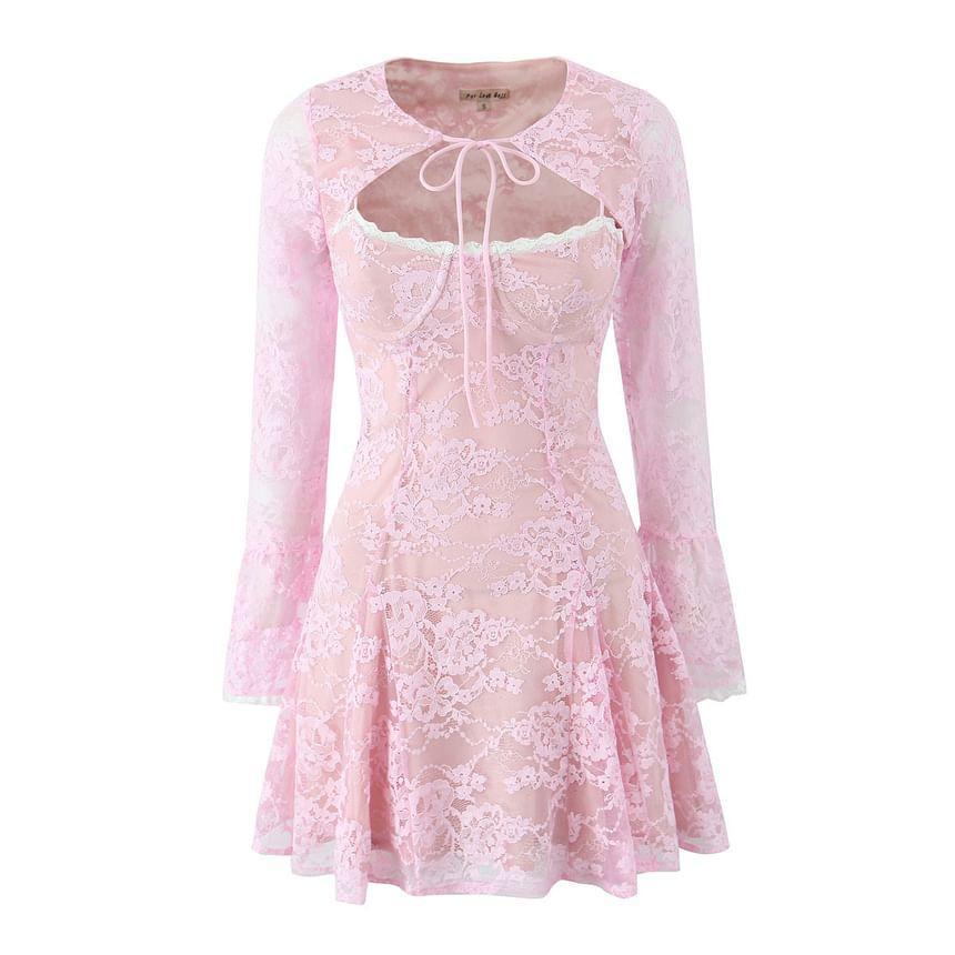 Set: Long-Sleeve Lace Shrug + Spaghetti Strap Scoop Neck Mini A-Line Dress Product Image