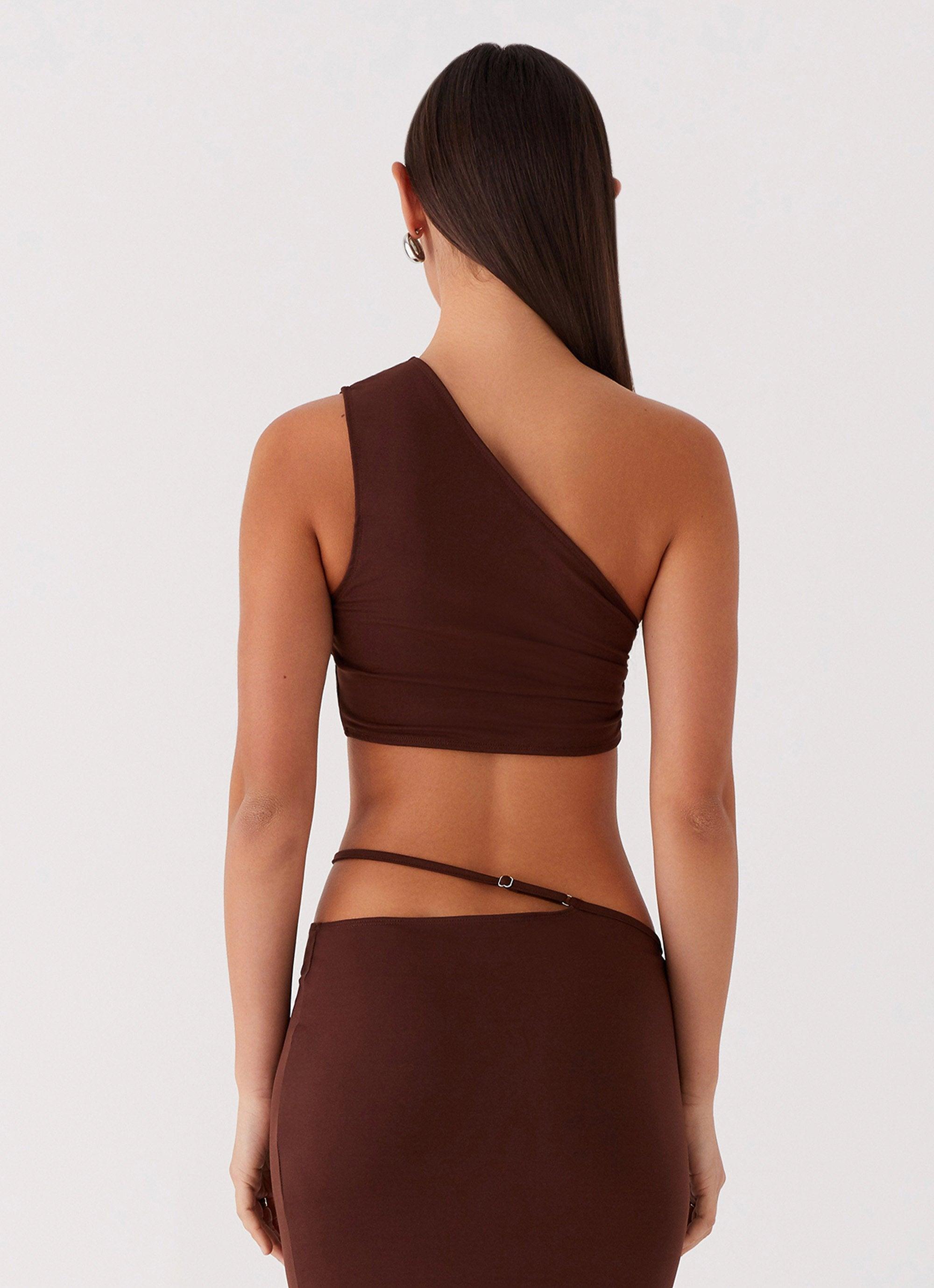 Like You Do One Shoulder Crop Top - Chocolate Product Image