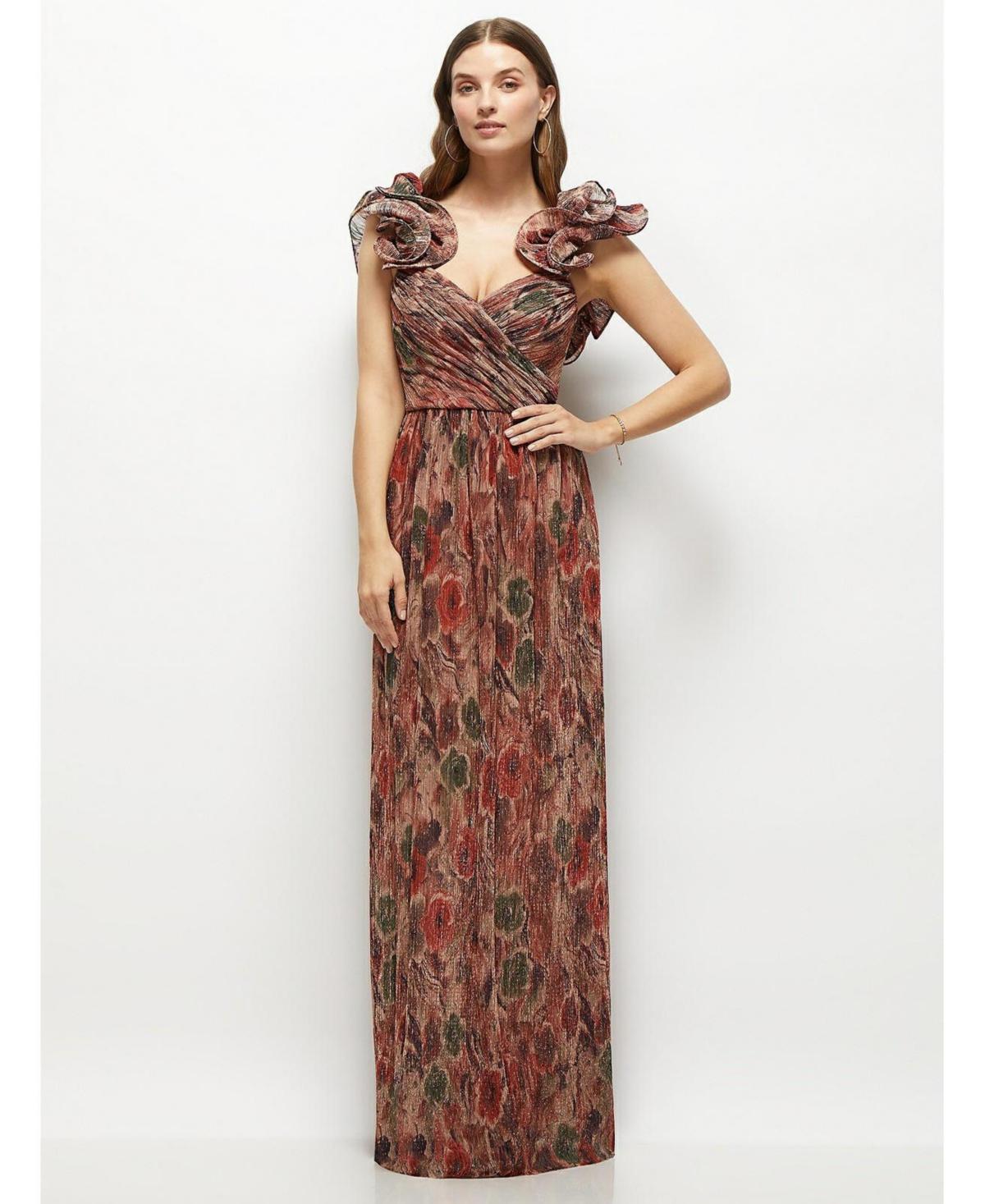 After Six Womens Dramatic Ruffle Edge Strap Fall Foral Pleated Metallic Maxi Dress Product Image