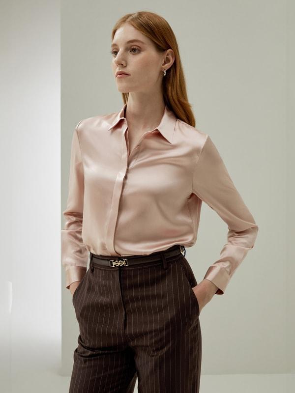 Basic Concealed Placket Silk Shirt Product Image