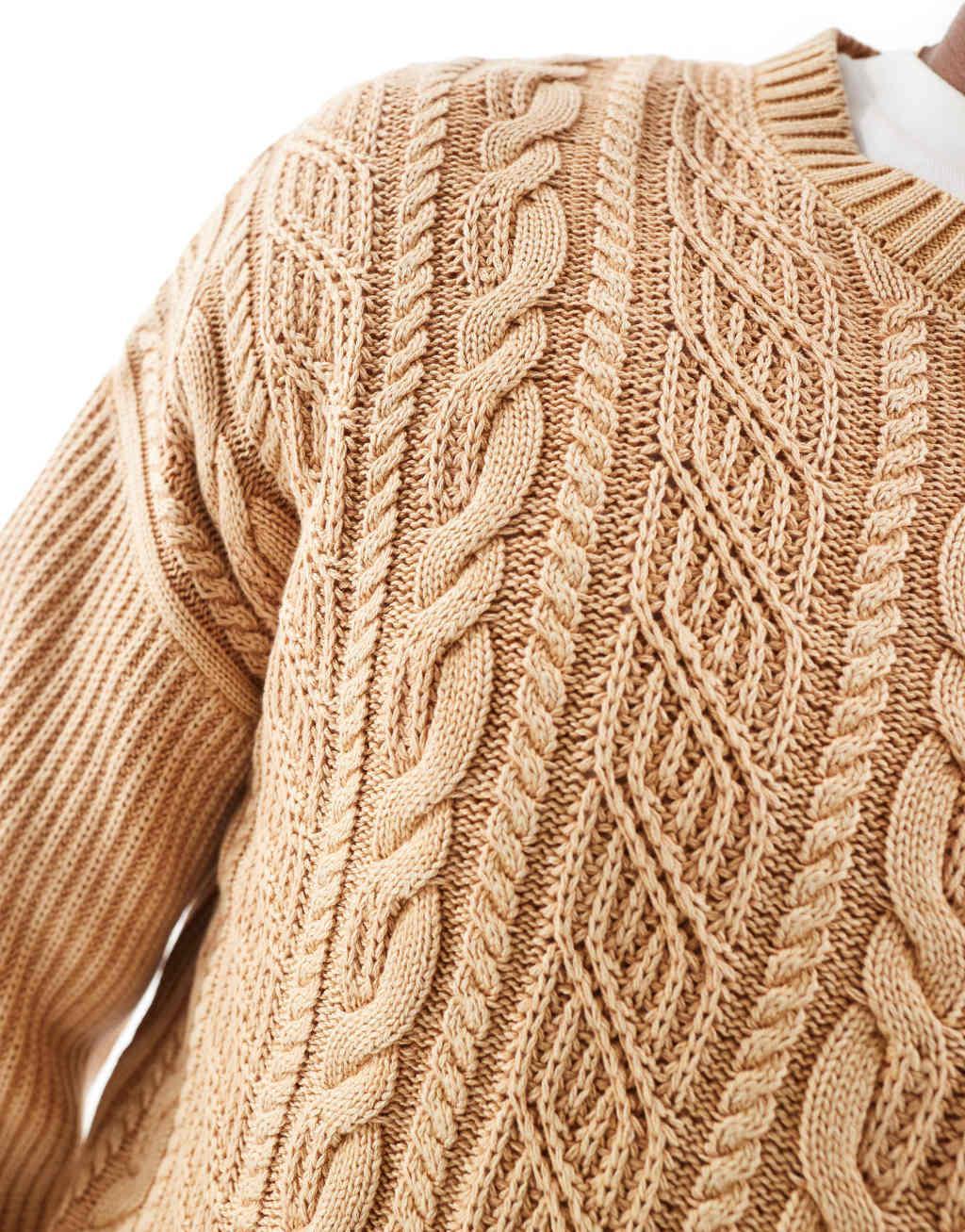 ASOS DESIGN knit washed relaxed cable sweater in stone  Product Image