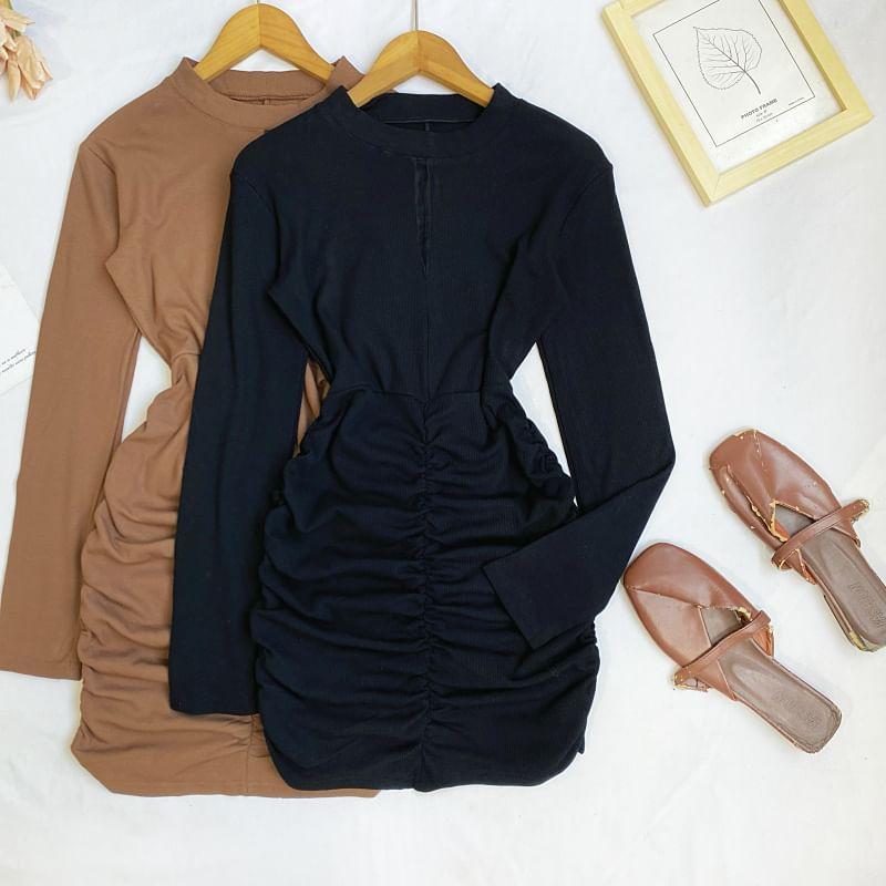 Long Sleeve Crew Neck Plain Ruched Bodycon Mini Dress Product Image